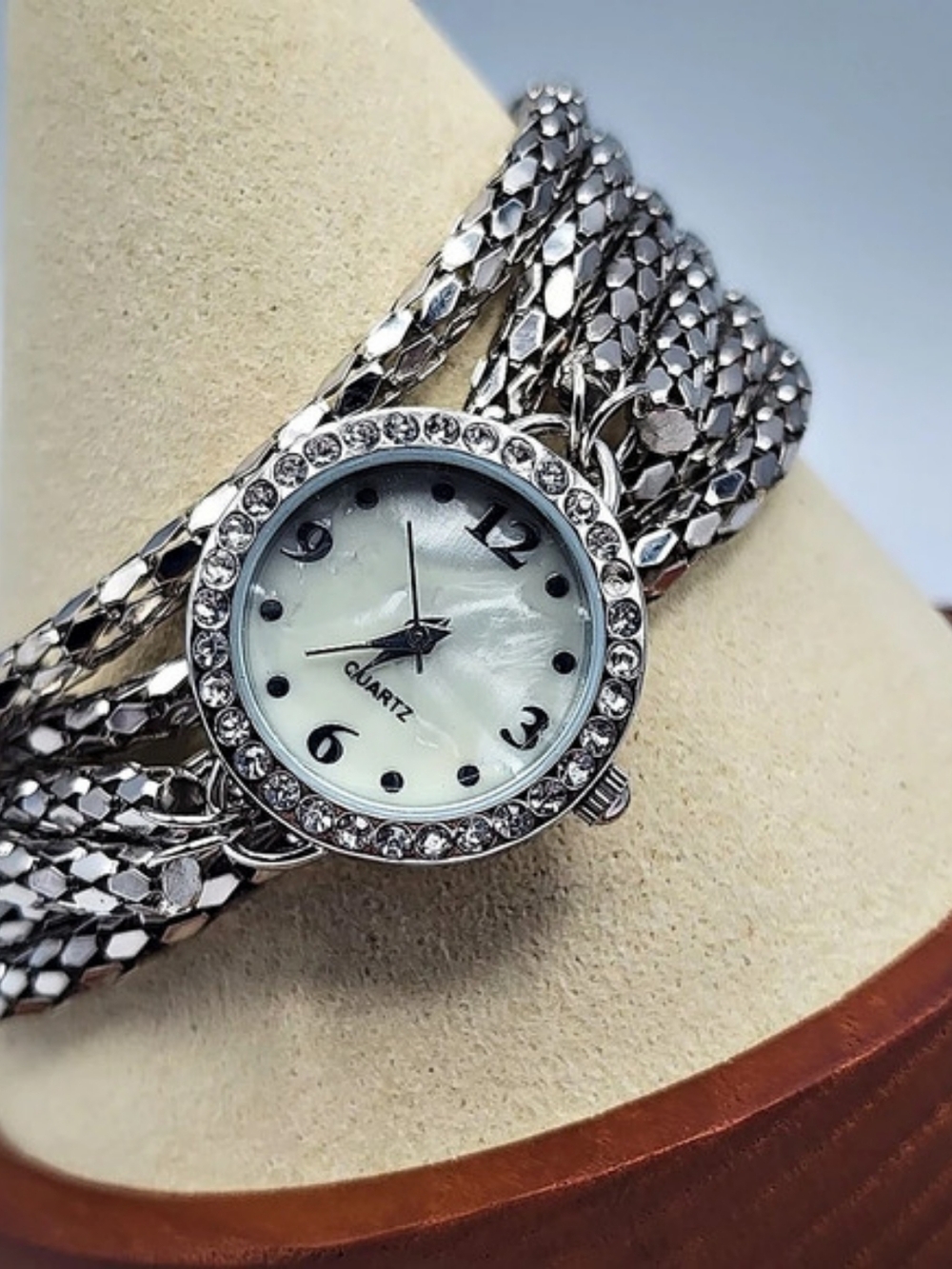 Vintage Ganz Rhinestone Bezel Wrap Bracelet Watch Silver 6-8 Inch Y2K New w Tag
